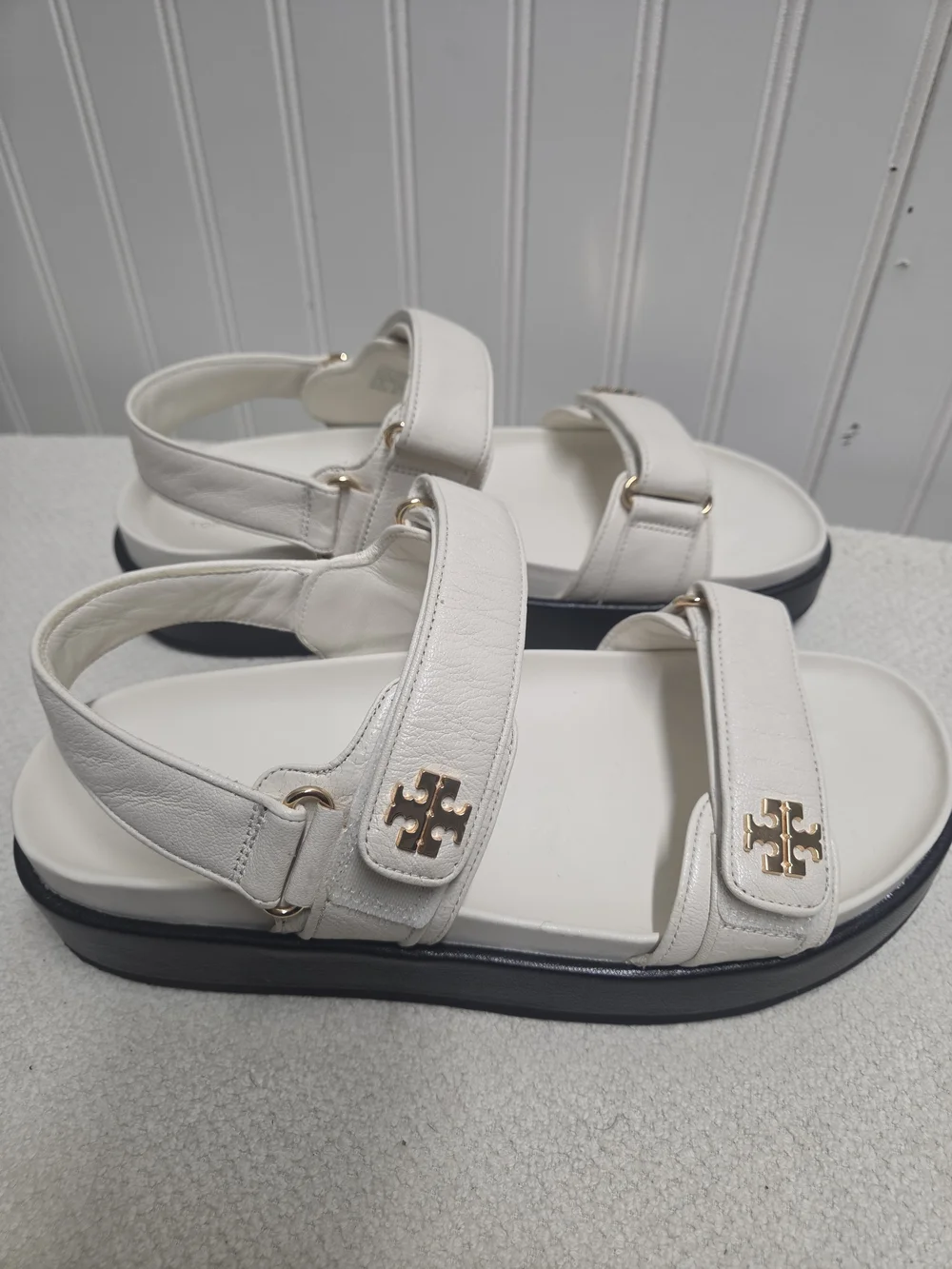 Tory Burch White Leather Kira Platform Sporty Sandals with Gold Logo